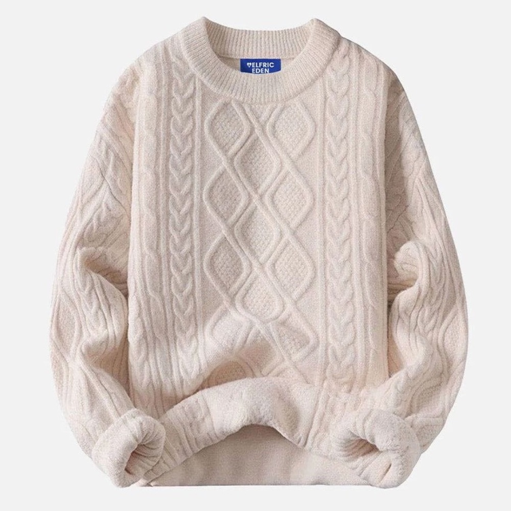 AELFRIC EDEN Cream Solid Color Crew Neck Sweater Cable Knit Oversized Pullover